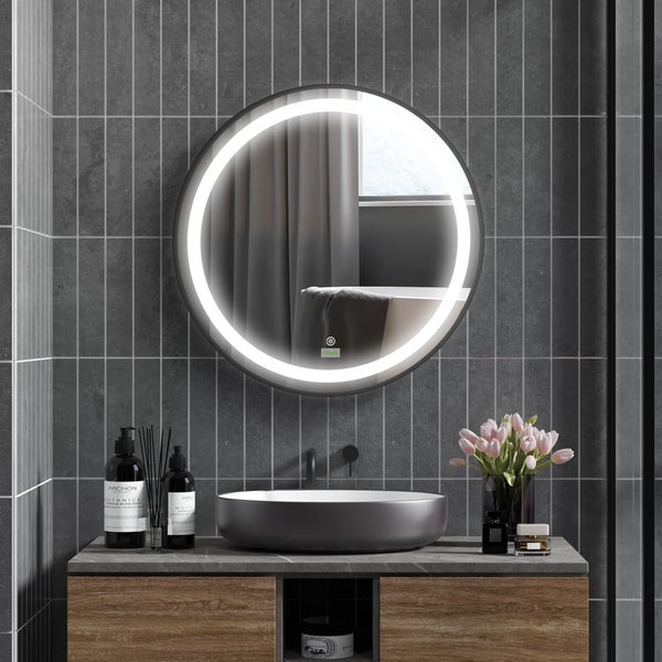 kleankin Badezimmerspiegel, Ø60cm LED Badspiegel mit 3 Lichtfarben, Wandspiegel mit Touch-Funktion, Memory-Funktion, IP44, Schwarz