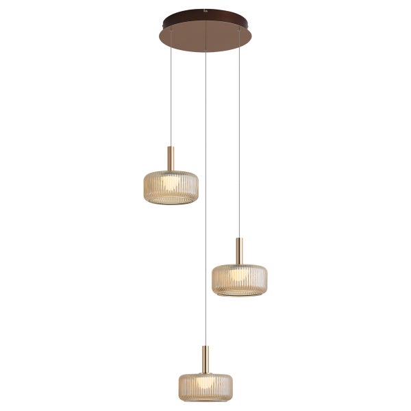Moderne dreiflammige Pendelleuchte mit gerippten Glasschirmen und runder Deckenbefestigung für eine stilvolle Innenbeleuchtung.