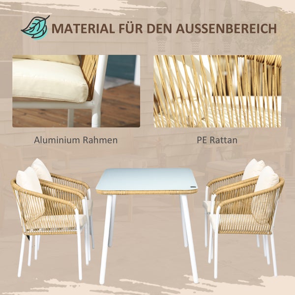 Outsunny 5tlg. Polyrattan Gartenmöbel Set, Esstisch mit 4 Stapelstühlen, mit Tischplatte aus Hartglas, 140L x 80B x 74H cm, PE-Rattan, Aluminium, Gelb