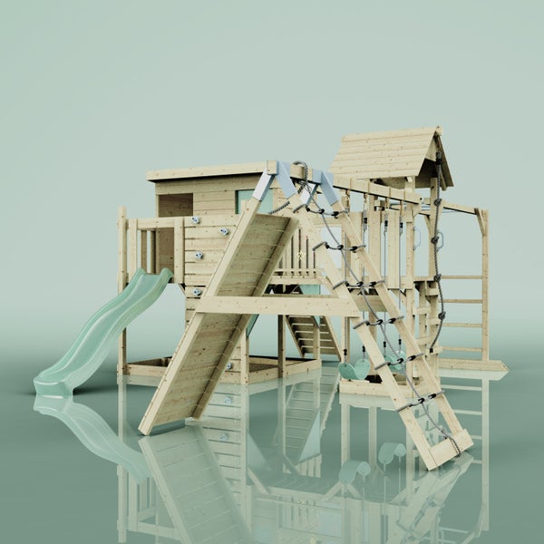 Spielturm aus Holz mit Rutsche, Kletterwand und Schaukel