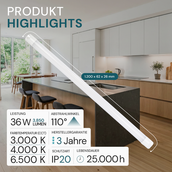 LED-Lichtleiste: 36 Watt, 3850 Lumen, 110 Grad, 3000 bis 6500 Kelvin, IP20, 25000 Stunden, 3 Jahre Garantie, 1200 x 62 x 26 Millimeter.