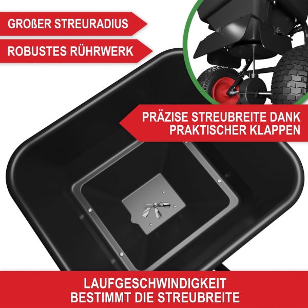Detailansicht eines Streuwagens mit robustem Rührwerk im Trichter sowie Informationen zu Streuradius, Streubreite und Laufgeschwindigkeit.