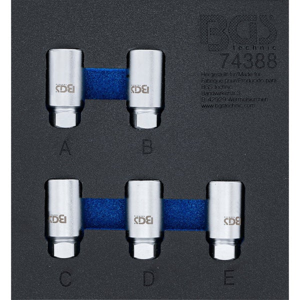 BGS Technic Bit-Adapter-Set aus Metall, 5-teilig, in Schaumstoffeinlage mit Beschriftung A bis E.