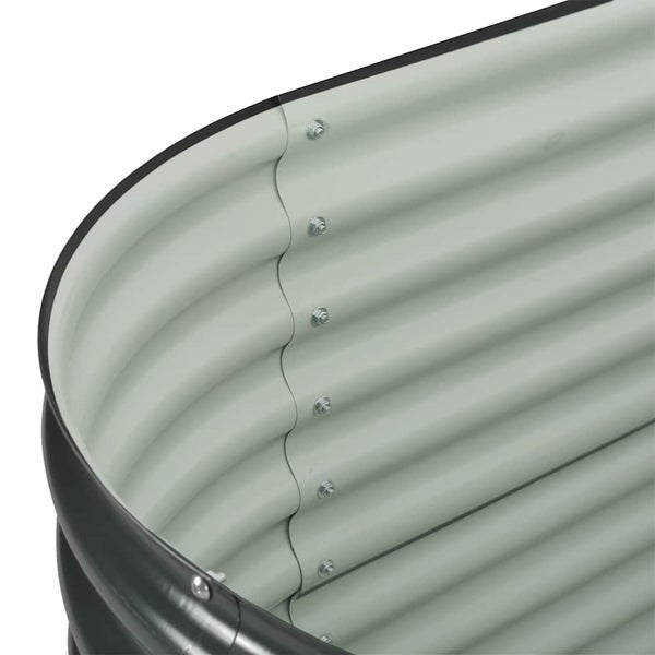 Detailansicht eines Hochbeets aus Wellblech mit abgerundeter Ecke und Verschraubung der Metallplatten.