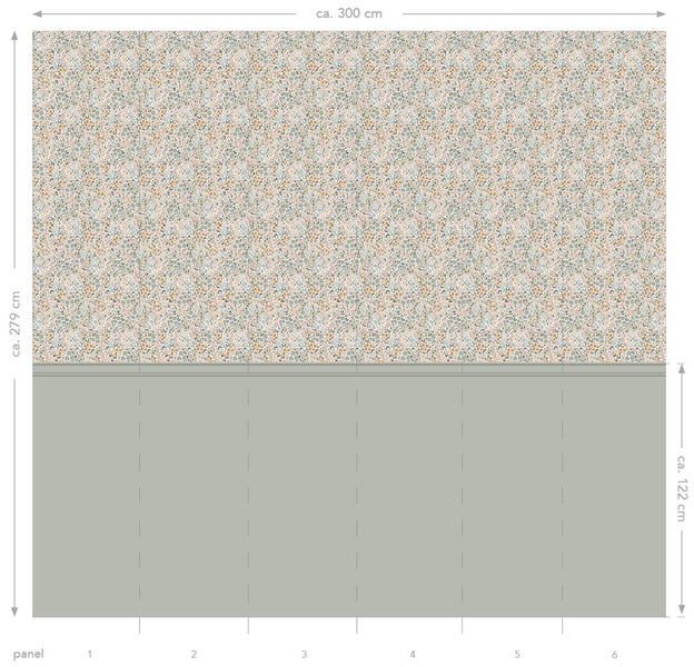 Fototapete mit Blumenmuster auf Oberseite und einfarbigem Paneeldesign auf Unterseite, 300 mal 279 Zentimeter, unterteilt in sechs Bahnen.