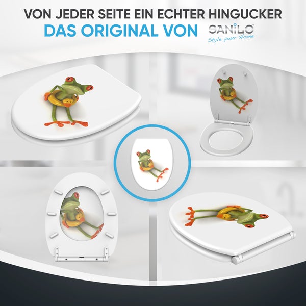 Sanilo WC-Sitz mit 3D-Frosch-Motiv in verschiedenen Ansichten von oben, unten und im geöffneten Zustand. Sanilo Logo.