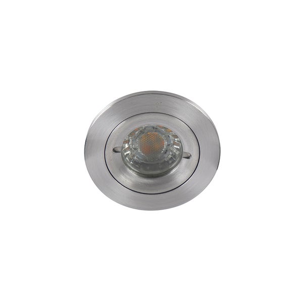Runder LED Einbaustrahler aus gebürstetem Metall.