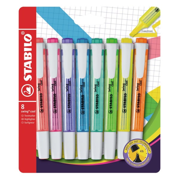 Packung mit 8 STABILO swing cool Textmarkern in Neonfarben mit STABILO Logo. Strichstärke 1 bis 4 Millimeter, 4 Stunden Austrocknungsschutz.