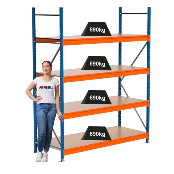 Lagerregal mit vier Ebenen und einer maximalen Traglast von 690 Kilogramm pro Ebene