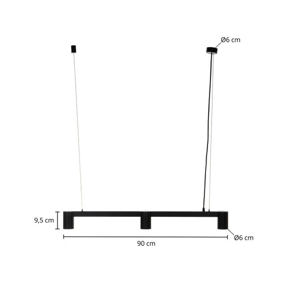 Schwarze Pendelleuchte mit den Maßen 90 cm Länge und 9,5 cm Höhe