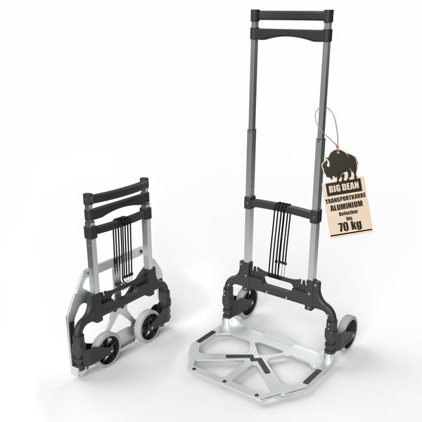 Big Dean Transportkarre aus Aluminium, zusammengeklappt und auseinandergeklappt dargestellt