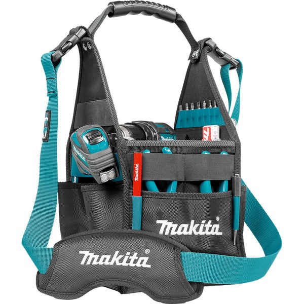 Makita Werkzeugtasche für Techniker mit Schultergurt, Tragegriff und diversen Werkzeugen wie Maßband und Zangen in den Fächern.