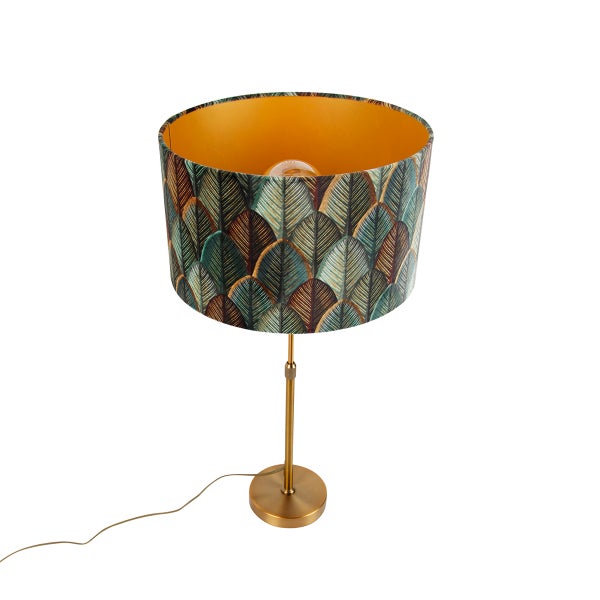 Tischleuchte mit zylindrischem Schirm, Blattmuster in Grün und Braun, goldfarbene Innenseite, Messingfuß.