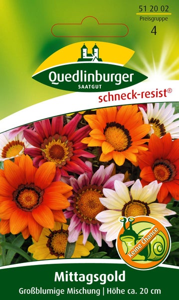 Samentüte für Mittagsgold, großblumige Mischung, schneckenresistent, Höhe circa 20 cm, Quedlinburger Saatgut Logo.