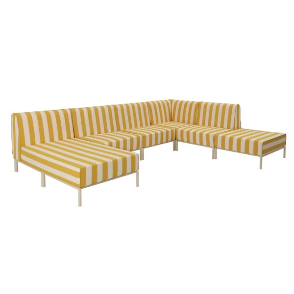 Modulares Garten-Lounge-Set in U-Form mit gelb-weiß gestreiften Polstern und hellem Metallgestell.