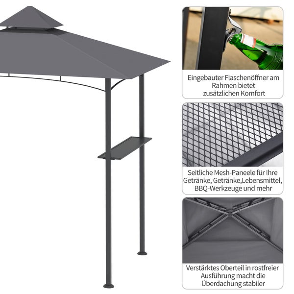 Outsunny Grillpavillon Gartenzelt Grill Pavillon Balkonpavillon mit Ablagen Flammhemmendes Doppeldach Grau 245 x 148 x 252 cm