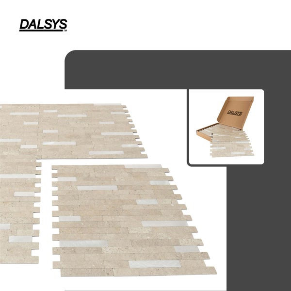 Dalsys Wandfliesen in Natursteinoptik, Mosaikfliesen im Verbund, inklusive Produktverpackung und Dalsys Logo.