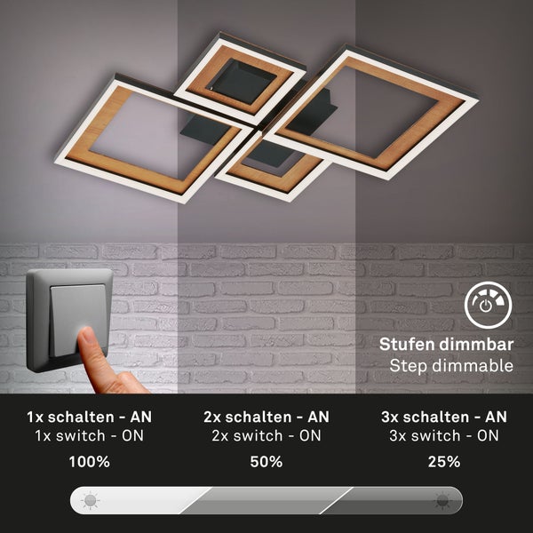 Moderne LED-Deckenleuchte in Holzoptik mit vier quadratischen Rahmen, stufenweise dimmbar über Wandschalter in 100, 50 und 25 Prozent.