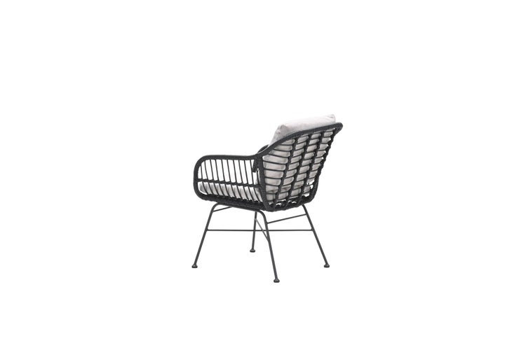 Moderner anthrazitfarbener Gartensessel mit Seilgeflecht, schwarzen Metallbeinen und hellgrauen Kissen.