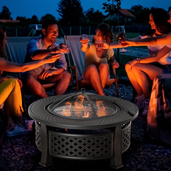 Outsunny Feuerschale mit Schürhaken, rund, für Garten, Camping BBQ,  81 x 81 x 50 cm, Stahl, Schwarz