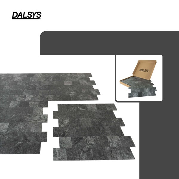 Dalsys Logo. Wandpaneele in Natursteinoptik mit Verzahnung für lückenlose Verlegung, inklusive Produktverpackung.