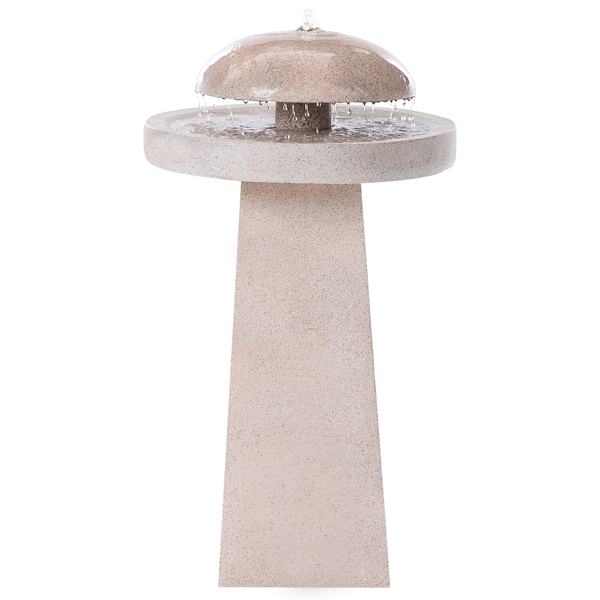 Gartenbrunnen aus Naturstein mit Säule, runder Schale und kuppelförmigem Wasserauslass.