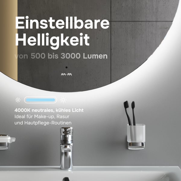 Runder LED Badspiegel mit einstellbarer Helligkeit von 500 bis 3000 Lumen und neutralem Licht bei 4000 Kelvin über einem Waschbecken.