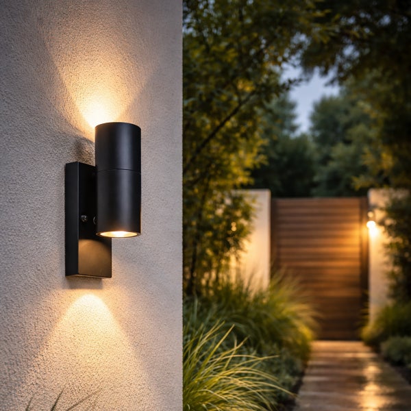 Moderne schwarze Außenwandleuchte als Up-and-Downlight an einer Hauswand, beleuchtet einen Gartenweg bei Dämmerung.