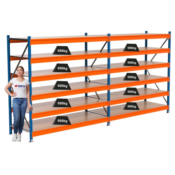 Regal mit mehreren Ebenen und einer maximalen Traglast von 690 kg pro Ebene.