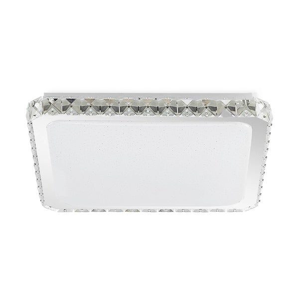 Quadratische Deckenleuchte mit dekorativem Rahmen in Kristalloptik und weißer Diffusorfläche.