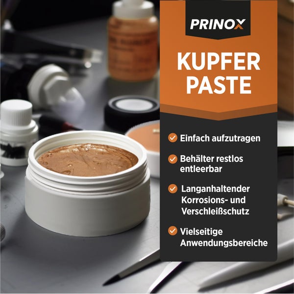 Prinox Profi Kupferpaste 150g - Extrem Hitzebeständig bis +1200°C - Kupferfett Paste für KFZ Bremsen, Auspuff, als Schmierpaste für Schrauben, Bremspaste etc.