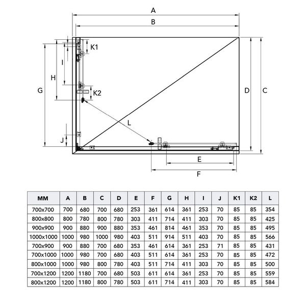 Technische Zeichnung einer Duschkabine mit Maßangaben