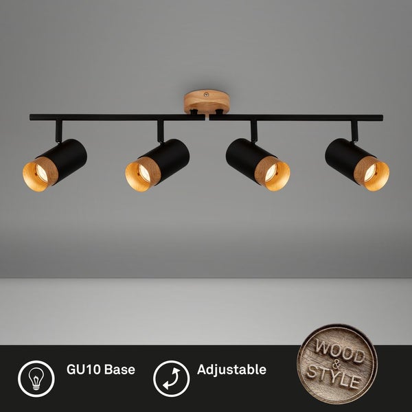 Spotlight, black, with wood, excl. 4xGU10/max.9W