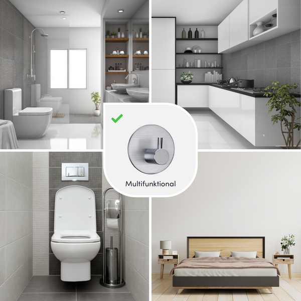 Multifunktionaler Wandhaken aus Edelstahl, geeignet für verschiedene Wohnbereiche wie Badezimmer, Küche und Schlafzimmer.