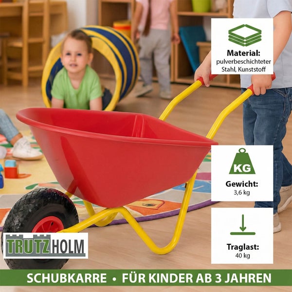 Trutzholm Schubkarre für Kinder ab drei Jahren aus pulverbeschichtetem Stahl und Kunststoff, mit einer Traglast von 40 Kilogramm und einem Gewicht von 3,6 Kilogramm.