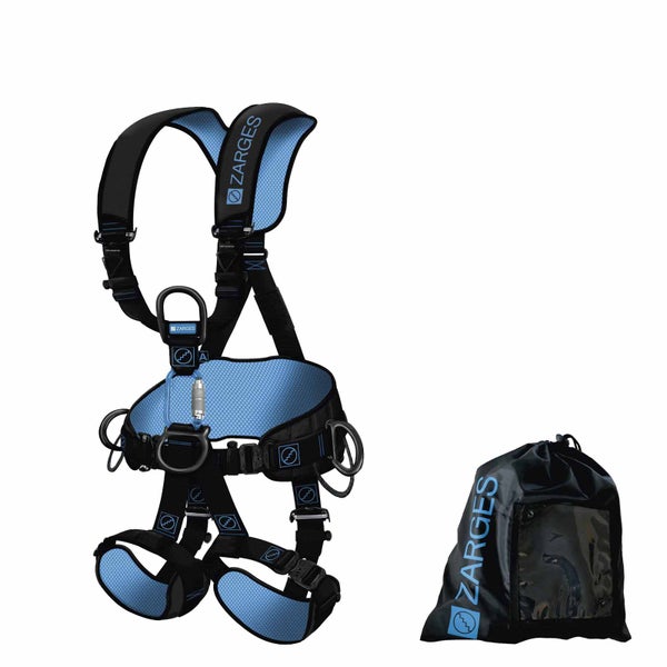 ZARGES Auffanggurt in Schwarz und Blau mit gepolsterten Gurten und ZARGES Logo sowie ein schwarzer Aufbewahrungsbeutel.