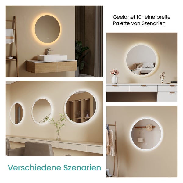 EMKE Badspiegel mit Beleuchtung Ø50 cm, rund, LED Wandspiegel, Touch-Schalter, dimmbar, Anti-Beschlag, 4 mm Glas, Memory, satiniert, rostfrei, für Badezimmer