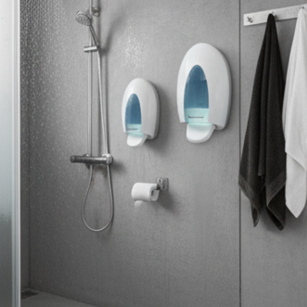 Modernes Badezimmer mit verchromtem Duschset, zwei weißen Seifenspendern, einem Toilettenpapierhalter und Handtüchern an einer grauen Wand.