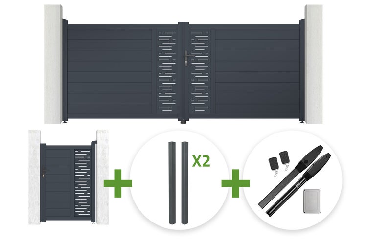 Set aus anthrazitfarbenem Doppelflügeltor, passender Gartentür, zwei Pfosten und elektrischem Drehtorantrieb inklusive Zubehör.