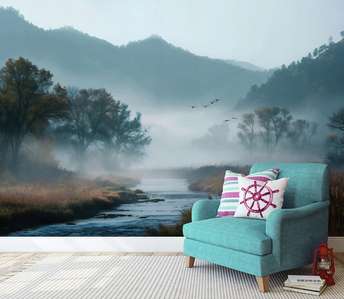 Szene mit Fototapete mit Flusslandschaft, Sessel, Kissen, Teppich, Laterne und Büchern