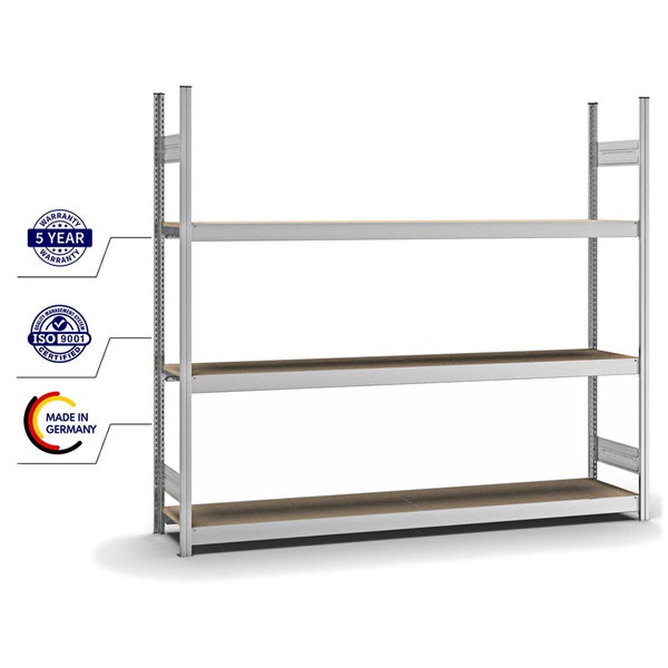 PROREGAL Weitspannregal Stecksystem T-Profil Grundregal HxBxT 200x225x40 cm 3 Ebenen Spanplatten Fachboden Fachlast 350 kg Verzinkt