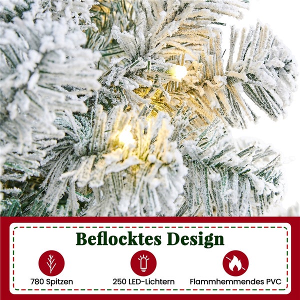 Detailaufnahme eines beflockten Weihnachtsbaums mit LED-Lichtern