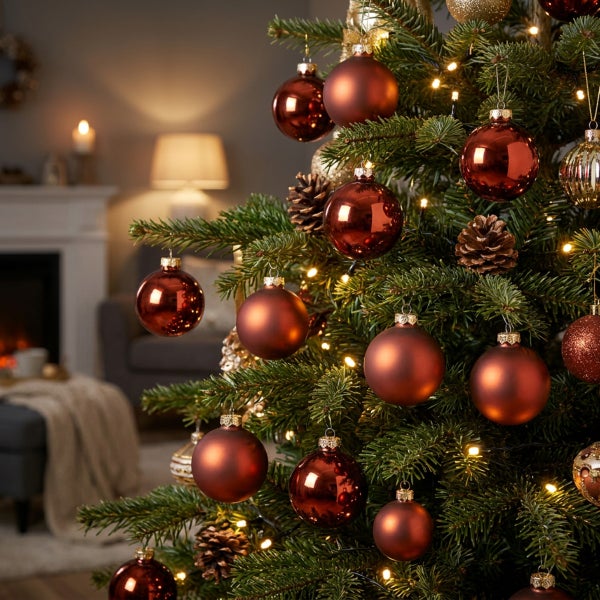 Weihnachtsbaum geschmückt mit matten und glänzenden Weihnachtskugeln sowie Lichterkette und Tannenzapfen in einer gemütlichen Wohnzimmerumgebung