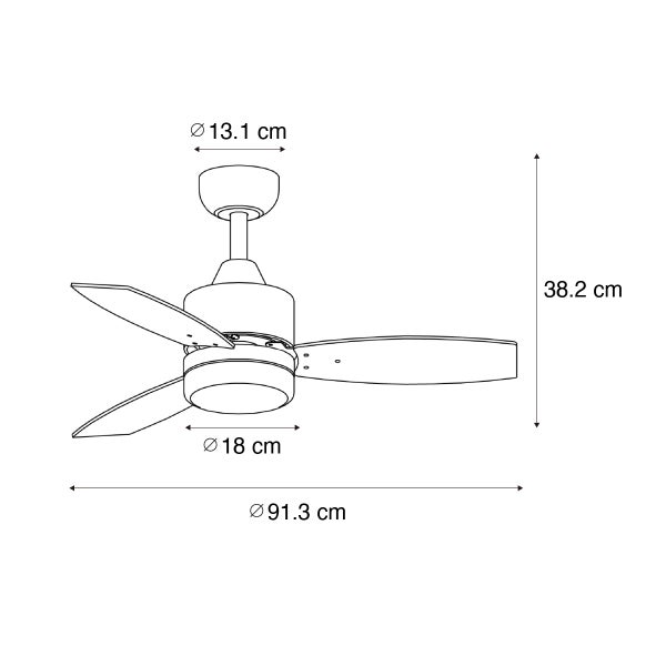 Maße Deckenventilator: Durchmesser 91.3 Zentimeter, Höhe 38.2 Zentimeter, Baldachin 13.1 Zentimeter, Gehäusedurchmesser 18 Zentimeter.