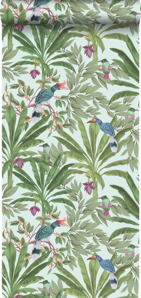Walls4You Tapete tropische Dschungelblätter und Paradiesvögel Mintgrün und Grün - 53 cm x 10.05 m - 935331