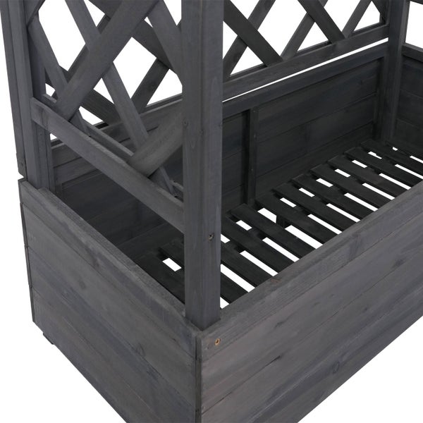 Pflanzkasten aus Holz mit integriertem Rankgitter, anthrazitfarben, Detailansicht der Konstruktion und Lattenboden.