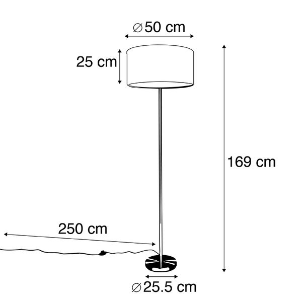 Abmessungen einer Stehlampe: 169 cm hoch, Lampenschirmdurchmesser 50 cm, Lampenschirmhöhe 25 cm, Fußdurchmesser 25,5 cm, Kabellänge 250 cm