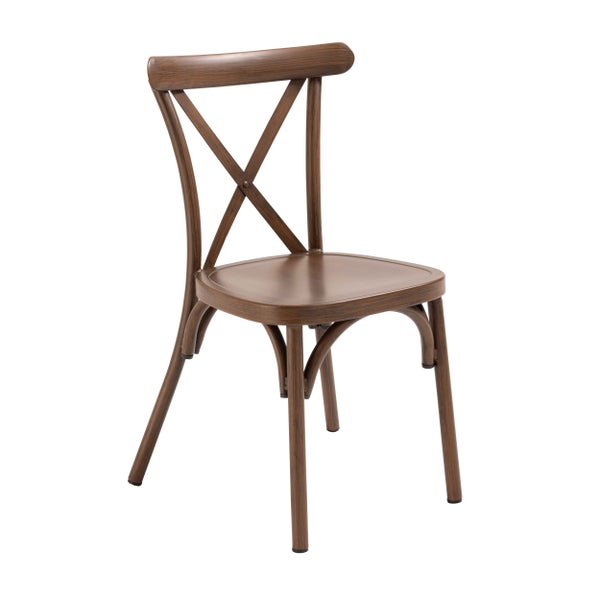 Bistrostuhl in brauner Holzoptik mit Kreuzrückenlehne.