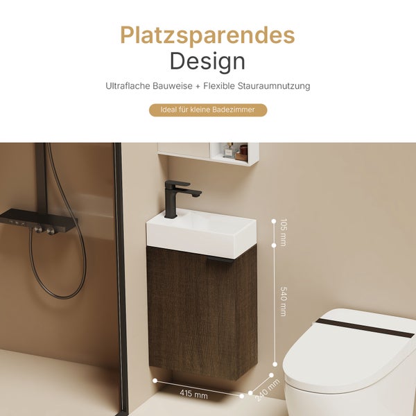EMKE Waschbecken mit Unterschrank 417×240×646 mm, Badmöbel-Set mit Soft-Close, Türgriff, 2-fach verstellbarem Einlegeboden, Wandmontage, beidseitig montierbar, Räuchereiche