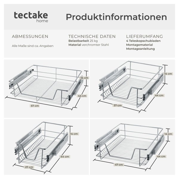 Produktinformationen zu Tectake Schubladen aus verchromtem Stahl mit Abmessungen und technischen Daten.